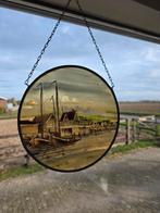 Oude glas in lood raamhanger met havengezicht, Antiek en Kunst, Ophalen of Verzenden