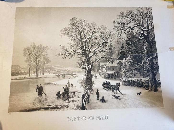 t.k. zeer oude litho, "Winter am Main"  Zwart/wit, Antiek en Kunst, Kunst | Litho's en Zeefdrukken, Ophalen of Verzenden