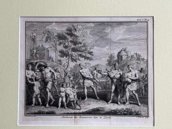 1749 Aankomst der batavieren - Folkema, Antiek en Kunst, Kunst | Etsen en Gravures, Ophalen of Verzenden