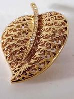 Goudverguld blad met heldere AA1 zirkonen, Sieraden, Tassen en Uiterlijk, Broches, Minder dan 4 cm, Zo goed als nieuw, Goud, Goud