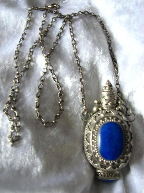 Prachtige Grote Zware Zilveren Parfumfles aan Ketting Lapis, Sieraden, Tassen en Uiterlijk, Antieke sieraden, Ketting, Zilver