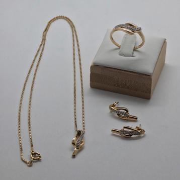 Gouden Sieradenset 14k met Diamanten - Ketting, Ring, Oorbel beschikbaar voor biedingen