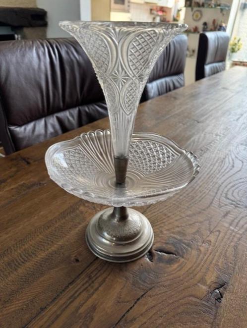 Antieke Etagère Kristal en Verzilverd Metalen voet, Antiek en Kunst, Antiek | Glas en Kristal, Ophalen of Verzenden
