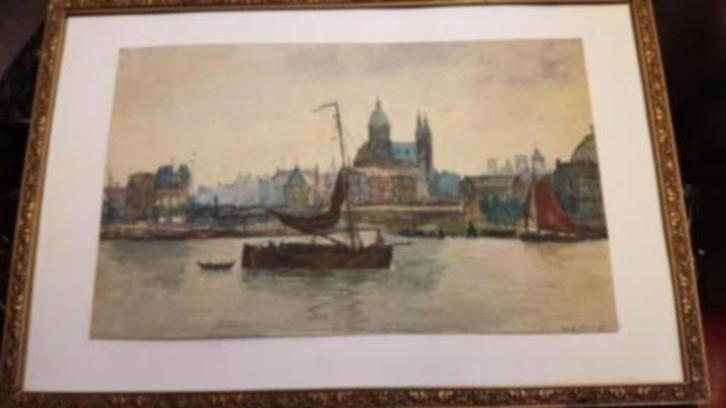 W.A. Knip (1883-1967) aquarel stadsgezicht Amsterdam., Antiek en Kunst, Kunst | Schilderijen | Klassiek, Ophalen