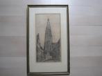 Oude Pentekening Grote Kerk Breda ingelijst Marius Janssen., Antiek en Kunst, Ophalen