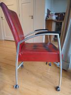 Drie/3 rode leren stoelen/fauteuils, buisframe op wieltjes, Huis en Inrichting, Stoelen, Drie, Gebruikt, Leer, Ophalen