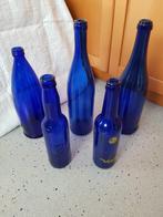 blauw glas 5 stuks glazen flessen decoratie, Huis en Inrichting, Woonaccessoires | Overige, Ophalen of Verzenden, Zo goed als nieuw