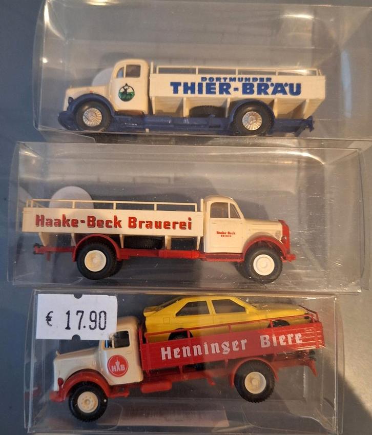 3 Oltimer Vrachtwagens 1:87 - Bierbrouwerij Thema, Hobby en Vrije tijd, Modelauto's | 1:87, Zo goed als nieuw, Bus of Vrachtwagen