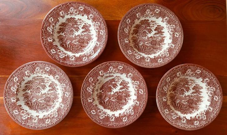 Vintage transferprint borden (set van 6) – English Ironstone, Huis en Inrichting, Keuken | Servies, Gebruikt, Bord(en), Overige stijlen