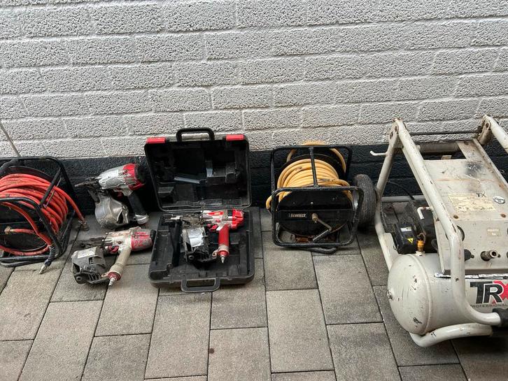 3x Schiethamer Max + Compressor met slang op haspel, Doe-het-zelf en Verbouw, Compressors, Gebruikt, 6 tot 10 bar, 25 tot 100 liter