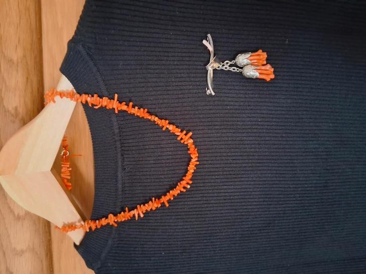 Bloedkoralen ketting en broche, Sieraden, Tassen en Uiterlijk, Antieke sieraden, Broche, Zilver, Ophalen of Verzenden