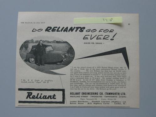 REL 118 Reliant Regal MK II, knipsel 1959 (+ Vanden Plas, Boeken, Auto's | Folders en Tijdschriften, Zo goed als nieuw, Overige merken