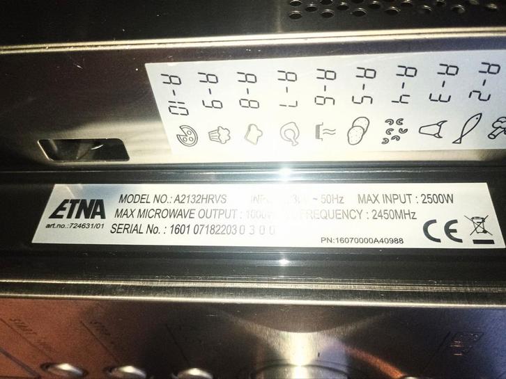 Etna inbouw combimagnetron met heteluchtoven Model A2132HRVS, Witgoed en Apparatuur, Magnetrons, Gebruikt, Inbouw, Magnetron, 45 tot 60 cm