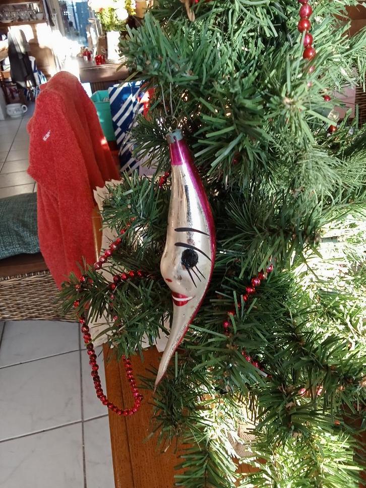 oude kerstbal dun glas van roze maan, Diversen, Kerst, Gebruikt, Ophalen of Verzenden