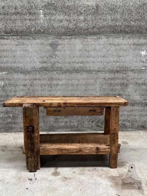 Kleine antieke eiken werkbank met karakter lengte 146 cm, Doe-het-zelf en Verbouw, Werkbanken, Zo goed als nieuw, 120 tot 170 cm