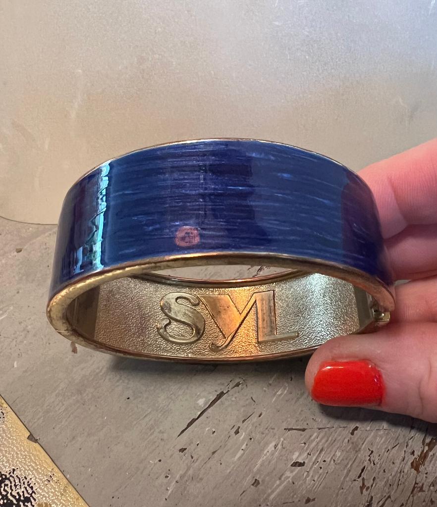 Vintage goudkleurig blauwe emaille bedelarmband klemarmband, Ophalen of Verzenden, Zo goed als nieuw, Blauw, Overige materialen
