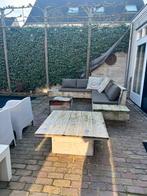 Douglas-houten hoekbank met kussens en 2 salontafels, Tuin en Terras, Tuinsets en Loungesets, Ophalen, Gebruikt, Meer dan 8 zitplaatsen