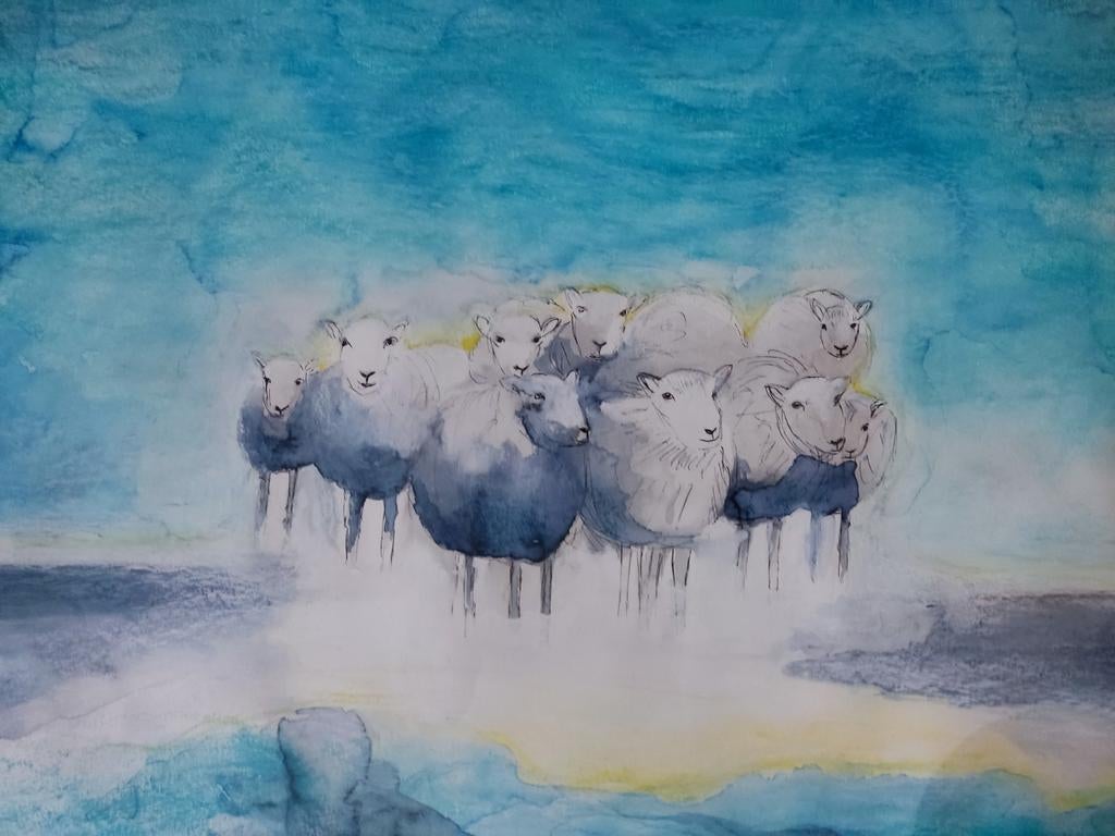 Schilderij, schaapje, kind zee, antroposofie, geboorte, baby, Kinderen en Baby's, Kinderkamer | Inrichting en Decoratie, Ophalen of Verzenden