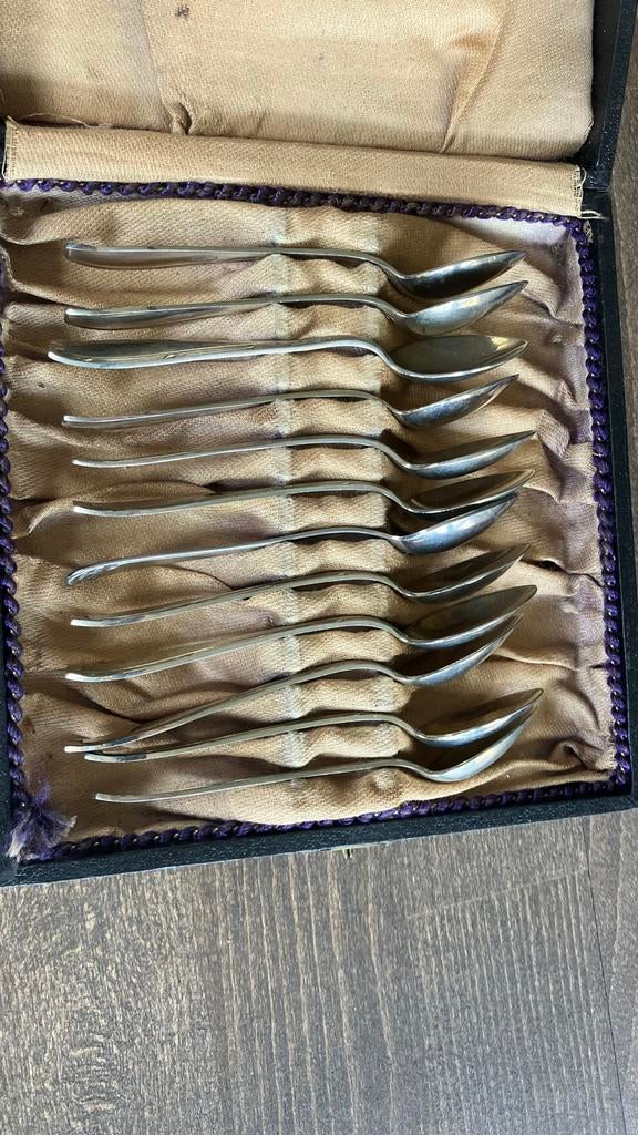 Set van 12 antieke zilveren thee/borrel in doos., Ophalen of Verzenden