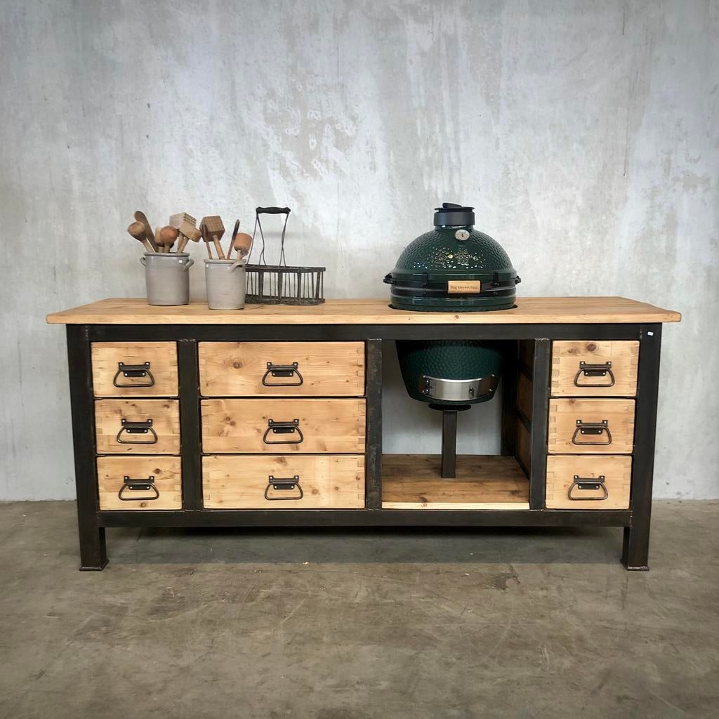 Buitenkeuken, big green egg, keuken, vintage werkbank, Ophalen