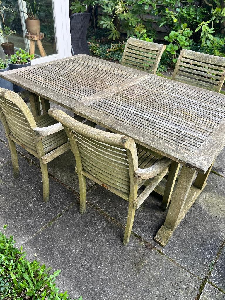 Teak houten tafel met stoelen, Tuin en Terras, Tuinsets en Loungesets, Ophalen, Gebruikt, 6 zitplaatsen, Teakhout