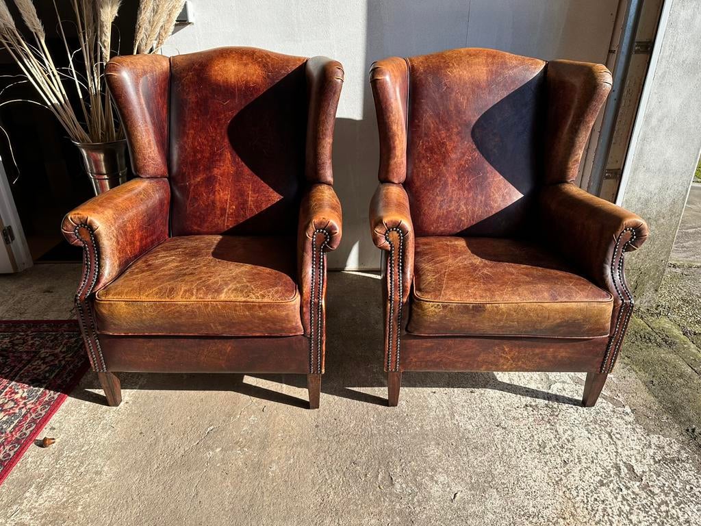 Mooie set schapenleren oorfauteuils. Izgs, Huis en Inrichting, Fauteuils, Ophalen, Minder dan 50 cm, ., .