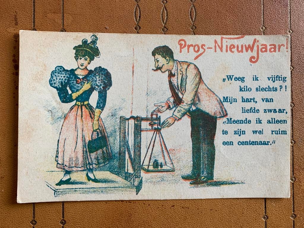 Pros-Nieuwjaar - dame op weegschaal, Ophalen of Verzenden, Voor 1920, Gelopen, Feest(dag)
