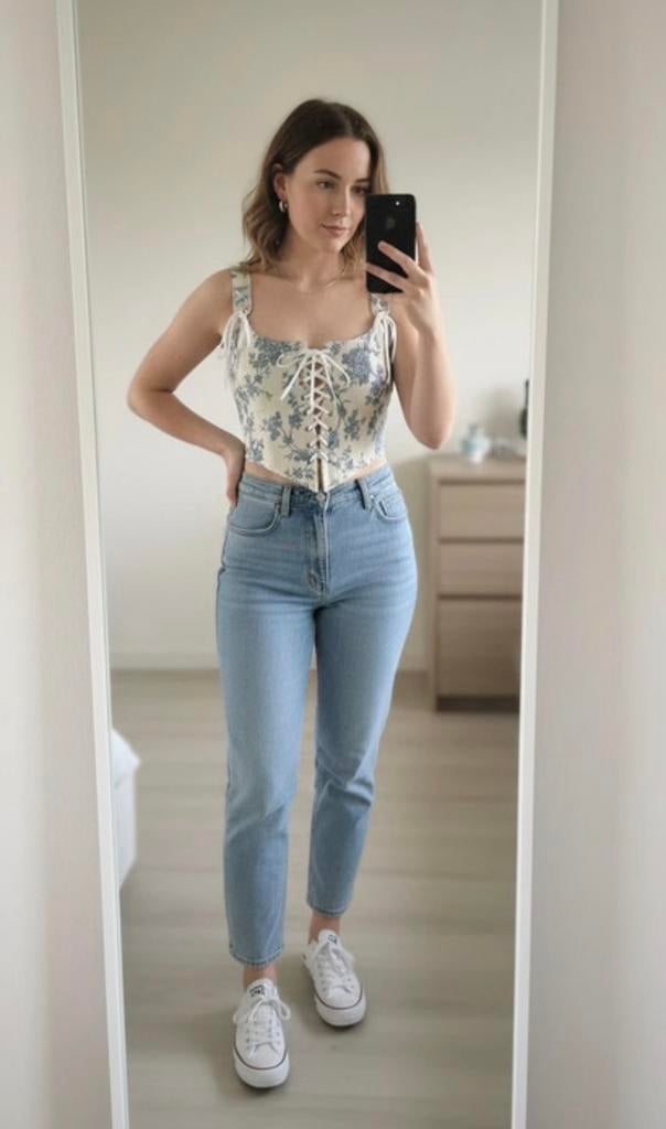 Vintage Kanten Corset Top Blauw/Wit Bloemenprint XS, Kleding | Dames, Tops, Blauw, Nieuw, Ophalen of Verzenden, Korte mouw