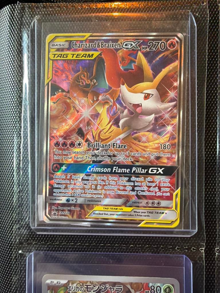 Pokémon Kaart Charizard & Braixen GX TAG TEAM SM230, Ophalen of Verzenden, Zo goed als nieuw, Losse kaart