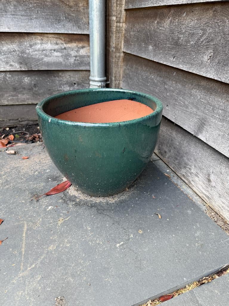 Bloempot groen (37cm diameter), Tuin en Terras, Bloempotten, Gebruikt, Rond, Minder dan 40 cm, Aardewerk