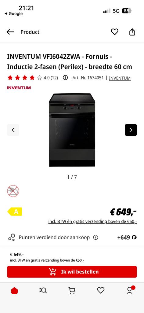 INVENTUM - Fornuis - Inductie 2-fasen (Perilex), Witgoed en Apparatuur, Fornuizen, Ophalen, Gebruikt, Hete lucht, 4 kookzones