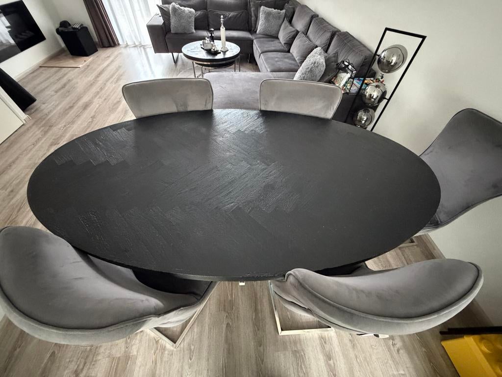 COMPLEET XXL Hoekbank+salon+eettafel+stoelen+lampen+vitrage, Huis en Inrichting, Gebruikt, Ophalen of Verzenden, Vijf, Zes of meer stoelen