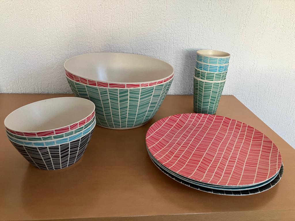 14 delig Bamboe Camping servies - Buitenservies, Caravans en Kamperen, Kampeeraccessoires, Ophalen of Verzenden, Gebruikt