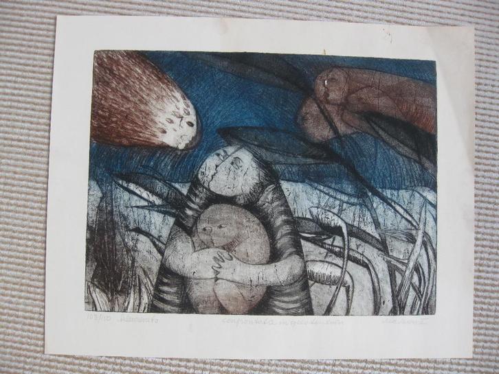 Ria Thurné. Kleurenets. 103/150. Confrontatie in geestentuin, Antiek en Kunst, Kunst | Etsen en Gravures, Ophalen of Verzenden