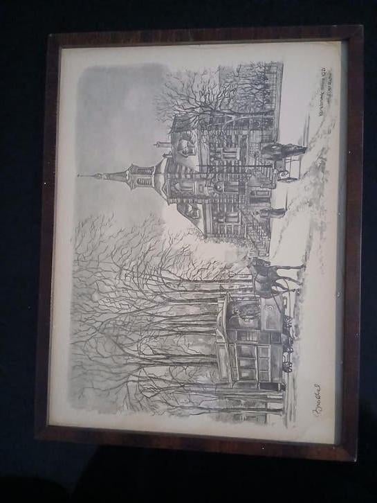 Sfeervolle historische prent Oude Raadhuis Hilversum, Antiek en Kunst, Ophalen of Verzenden