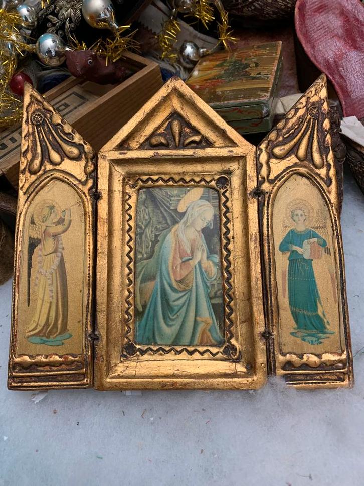 Antiek Italiaans Reisaltaar - Drieluik met Maria en Engelen, Antiek en Kunst, Antiek | Religie, Ophalen of Verzenden