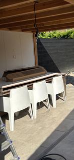 8 nette box tuinstoelen met beige kussens, Ophalen, Gebruikt, Kunststof