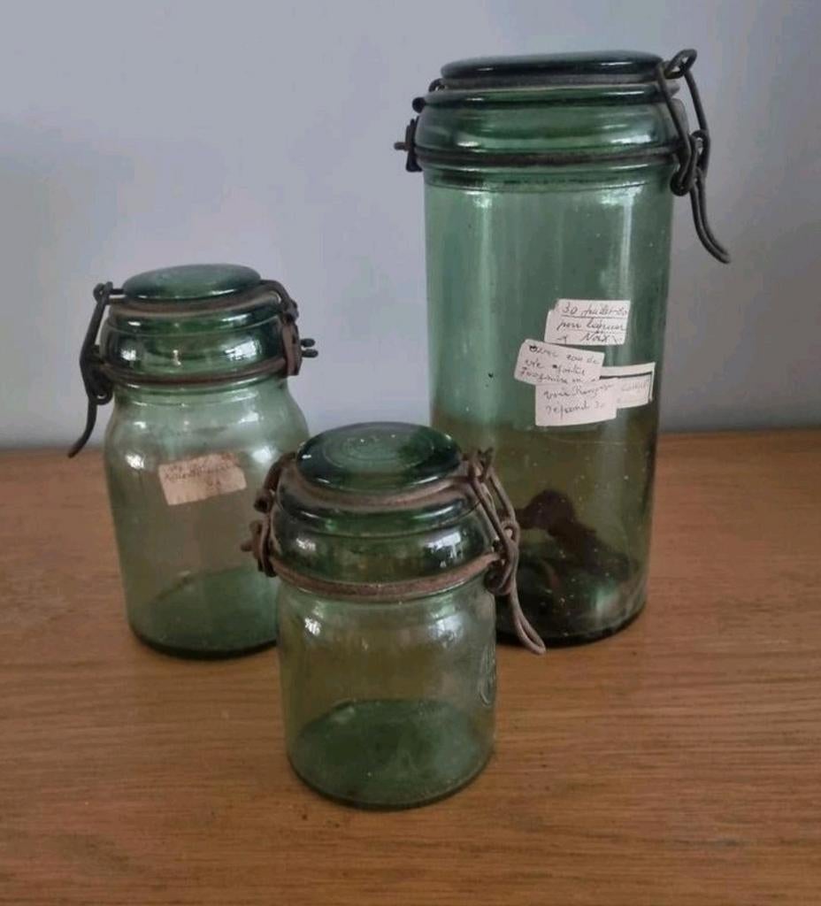 Groene Glazen Voorraadpotten Durfor set van 3 Brocante, Ophalen of Verzenden, Glas, Pot, Bus of Blik