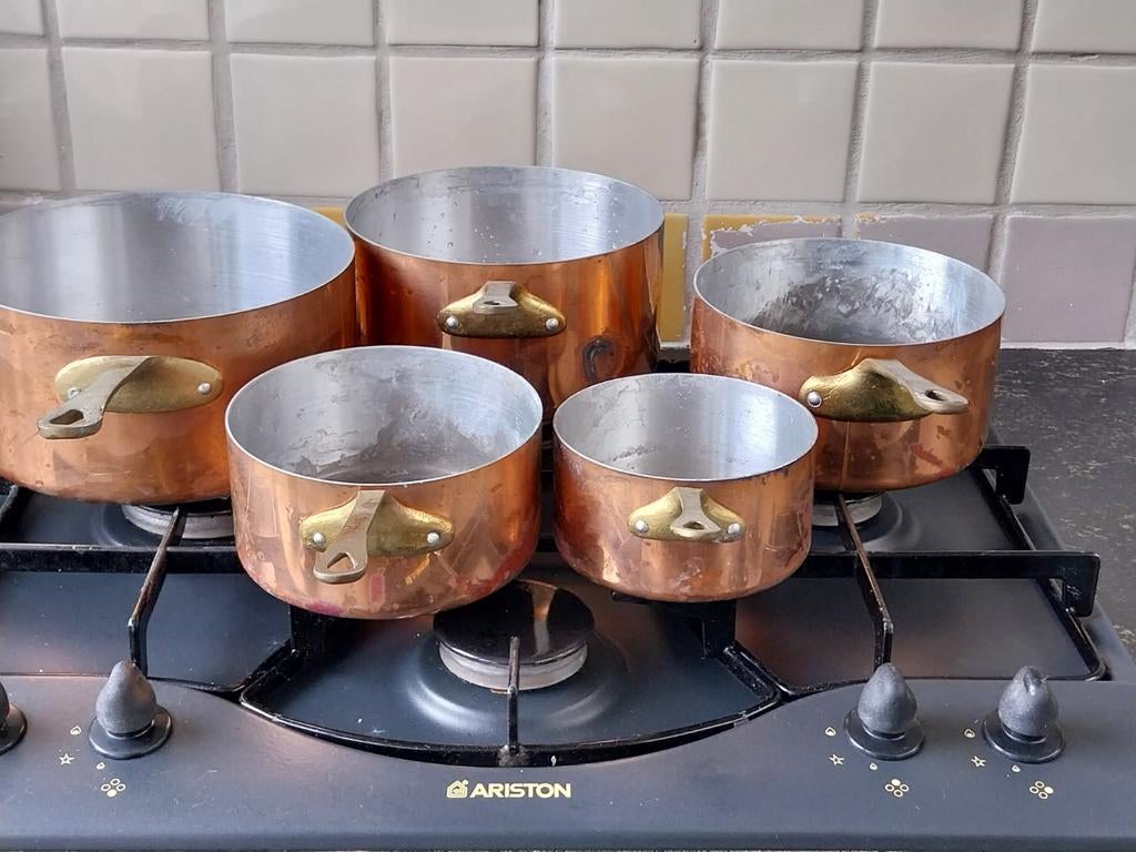 Koperen pannenset met 5 pannen, Huis en Inrichting, Keuken | Potten en Pannen, Ophalen of Verzenden