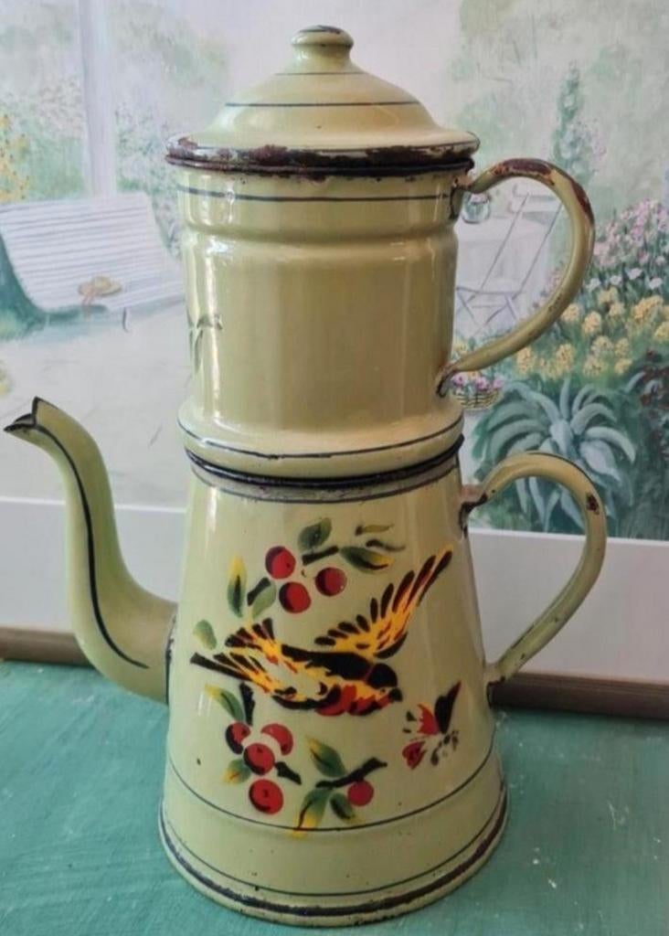 Bijzondere antieke emaille koffiepot/cafetiere, Ophalen of Verzenden