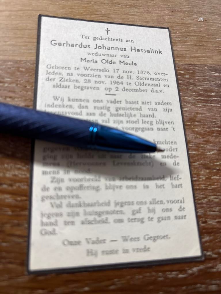 Hesselink Gerhardus 1876 Weerselo 1964 Oldenzaal x Meule -, Verzamelen, Bidprentjes en Rouwkaarten, Ophalen of Verzenden, Bidprentje