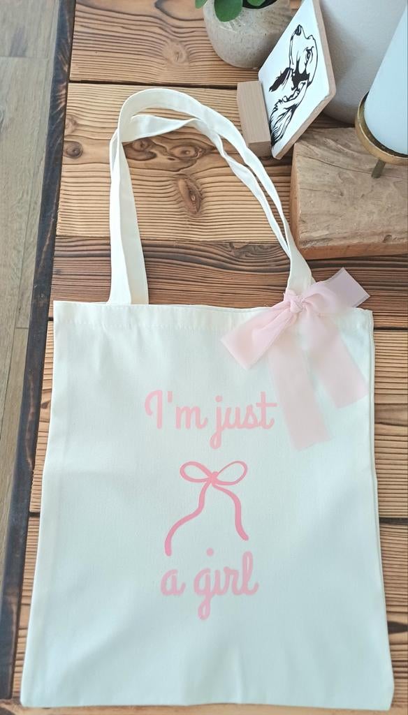 Canvas tas "I'm just a girl" met roze strik, Ophalen of Verzenden, Nieuw, Beige, Overige typen