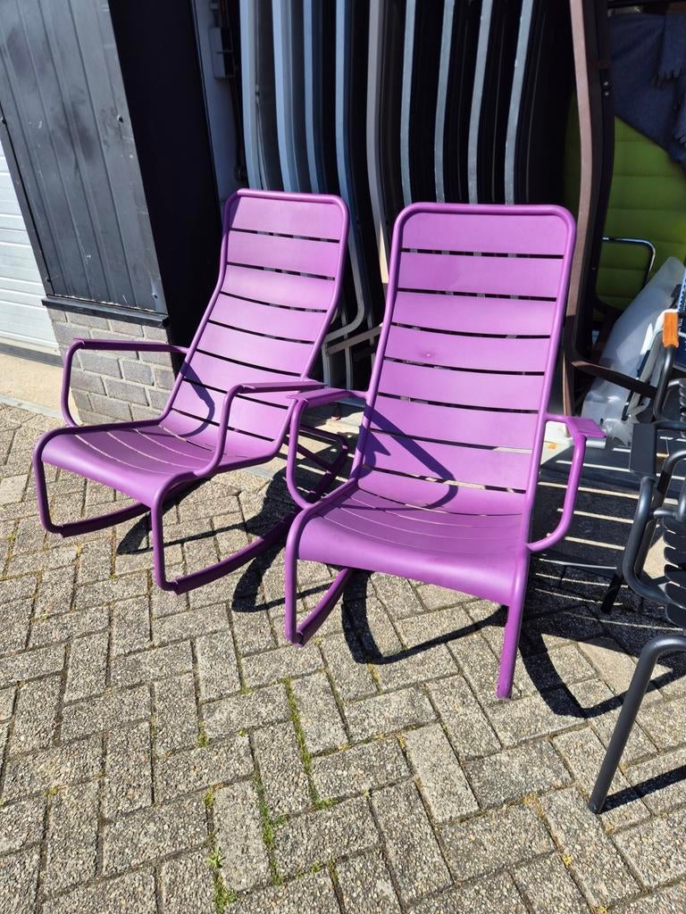 Gebruikte fermob aubergine schommelstoelen Voetenbank Setpr, Ophalen, Gebruikt