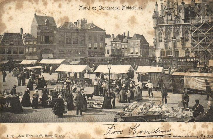 Markt op Donderdag, Middelburg - 1903 gelopen, Verzamelen, Ansichtkaarten | Nederland, Gelopen, Zeeland, Voor 1920, Ophalen of Verzenden