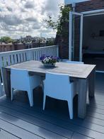 Teakhouten tuintafel Kees Smit met 4 witte stoelen, Ophalen, Gebruikt, Rechthoekig, Teakhout