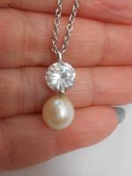 Zilveren ketting met hangertje steen en echte parel nr.598, Sieraden, Tassen en Uiterlijk, Kettingen, Met hanger, Verzenden, Zo goed als nieuw