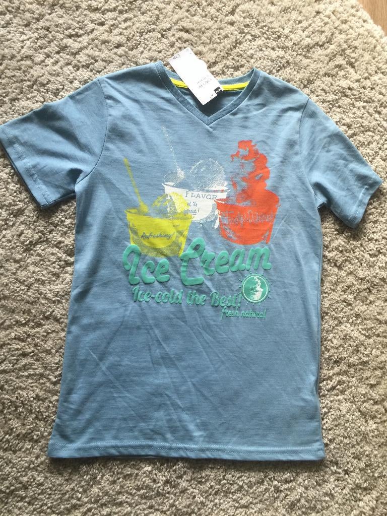 HEMA blauwe v-hals t-shirt shirt polo top Ice Cream 134-140, Jongen of Meisje, Nieuw, Ophalen of Verzenden, Shirt of Longsleeve