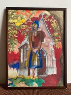 Aquarel van een spookachtig vrouwenfiguur voor een kerk, Ophalen of Verzenden