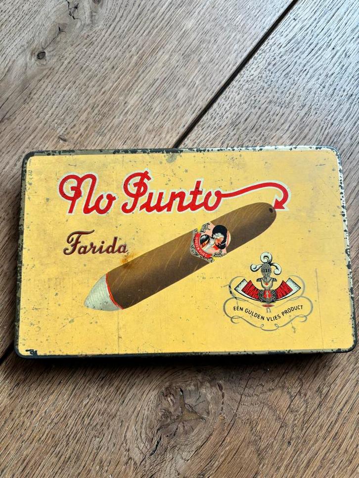Vintage sigarenblikje Gulden Vlies No Punto sigaren tabak, Verzamelen, Rookartikelen, Aanstekers en Luciferdoosjes, Gebruikt, Tabaksdoos of Verpakking