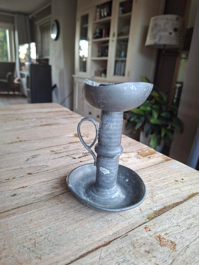 Antieke Tinnen Blaker - Karakteristieke Nachtkandelaar, Antiek en Kunst, Ophalen of Verzenden